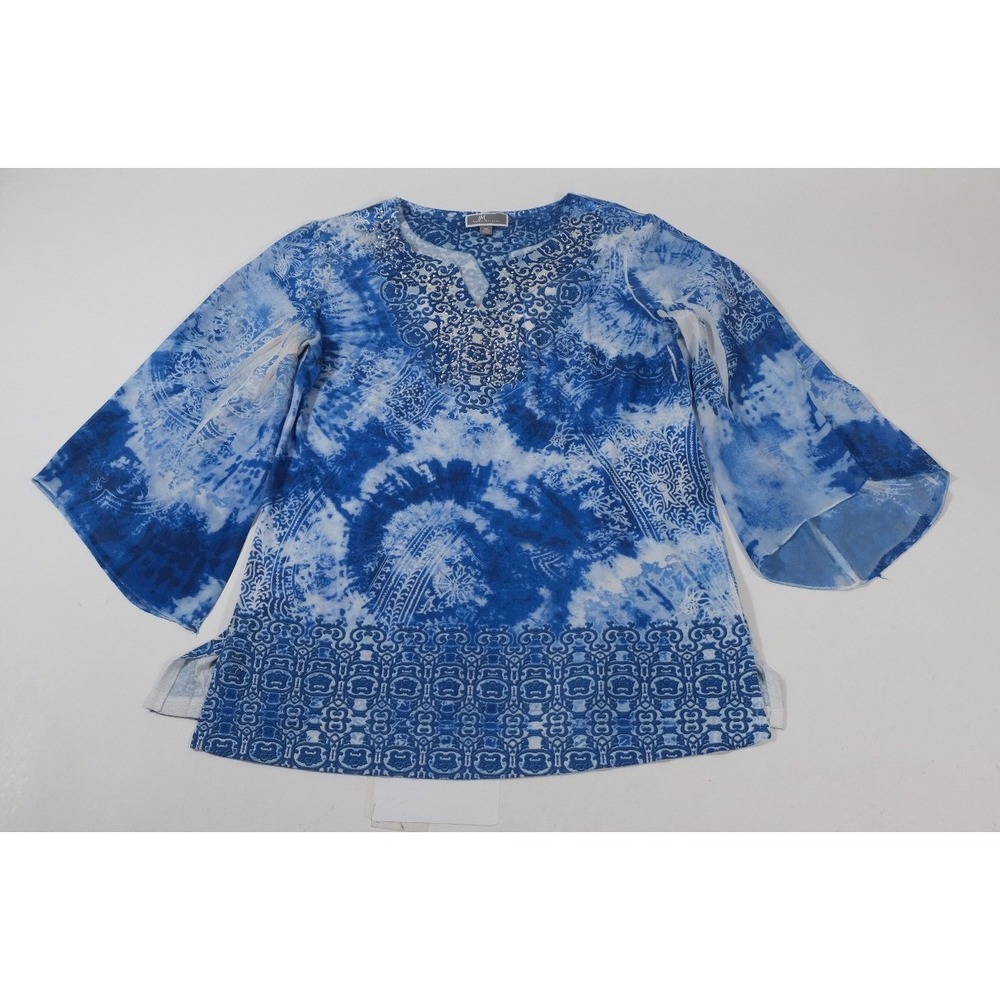 JM Collection Blouse Womens M Blue Tie Dye Paisley Bell Sleeve Boho Top